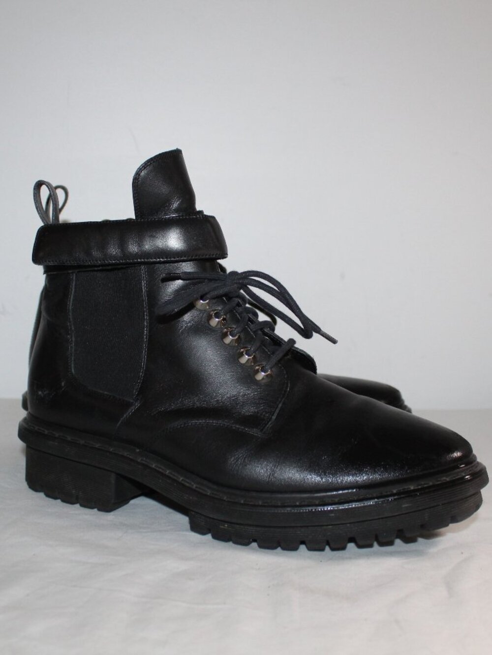 Balenciaga Gored Ankle Strap Lace Up Combat Boots Booties Black Leather 39.5